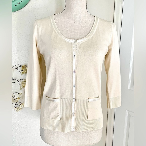 CAbi Tan Cardigan w/ Ribbon Edging - Picture 1 of 15
